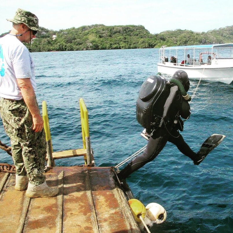 Diver in a giant-stride entry off the back of a boat.